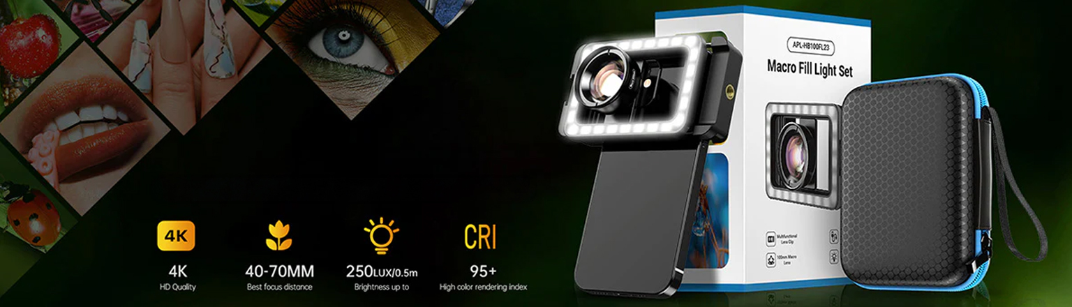 100 mm telefono makro objektyvas APEXEL APL-HB100FL23, su LED aprašymas - Prekės nuotrauka