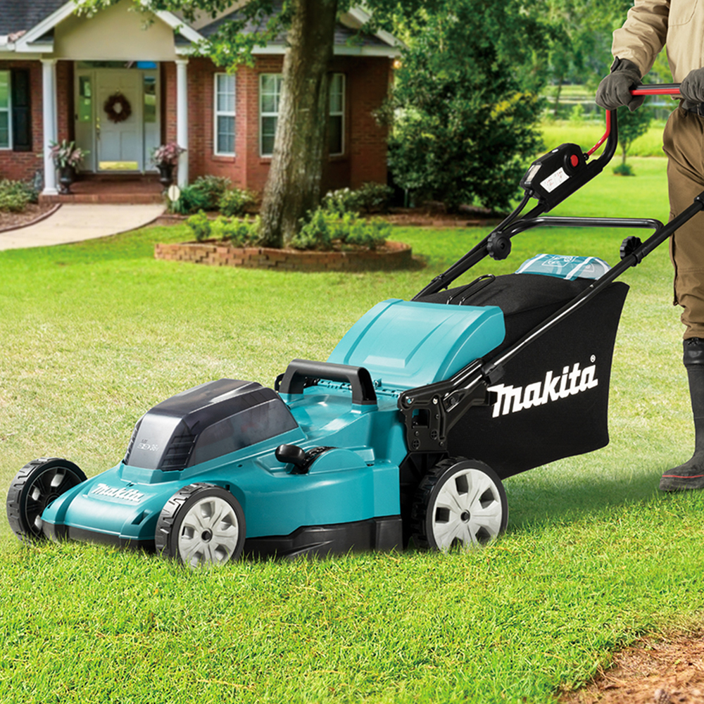 Akumuliatorinė vejapjovė Makita DLM480CT2 2x 18 V, 48 cm, DC18SH įkroviklis 2x 5,0 Ah Li-ion akumuliatioriams, 4/1 (Pjovimas/Surinkimas/Mulčiavimas/Galinis išmetimas), Plastikinis korpusas aprašymas - Prekės nuotrauka