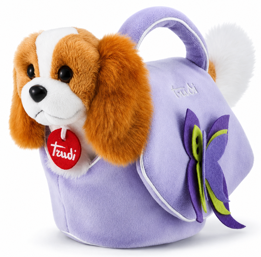 Trudi Pliušinis žaislas - šuniukas violetiniame krepšyje, 26 cm aprašymas - Prekės nuotrauka