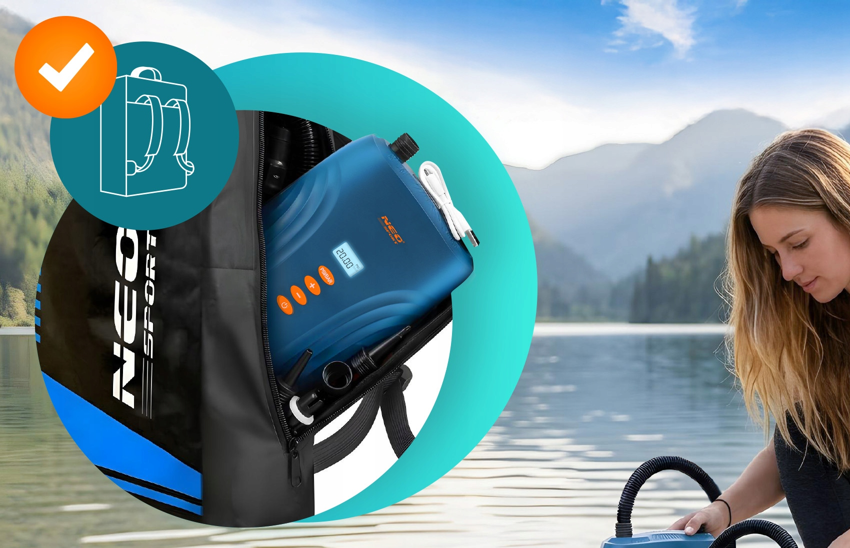 Elektrinė pompa Neo-Sport NS-713 SUP valtims ir banglentėms + 6 adapteriai aprašymas - Prekės nuotrauka