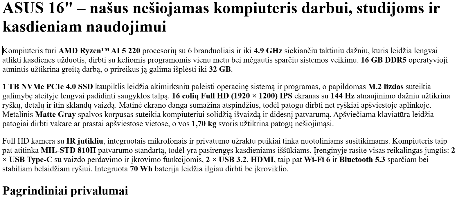Nešiojamas kompiuteris ASUS Vivobook S16 M3607 - 16