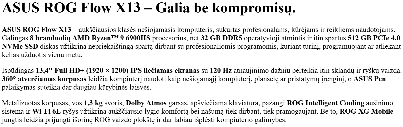 Nešiojamas kompiuteris ASUS ROG Flow X13 - Liečiamas ekranas 13.4