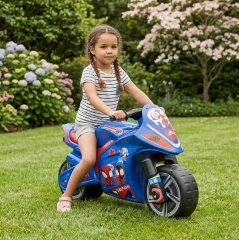 Pasispiriamas vaikiškas motociklas Injusa Spidey, su Žmogaus-voro motyvais aprašymas - Prekės nuotrauka