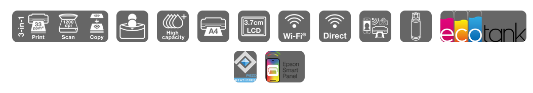 Daugiafunkcis rašalinis spausdintuvas Epson EcoTank L3361, A4, spalvotas, Wi-Fi, Wi-Fi Direct, AirPrint, LCD ekranas, juodas | C11CL63419 aprašymas - Prekės nuotrauka