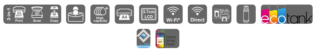 Daugiafunkcis rašalinis spausdintuvas Epson EcoTank L3362, A4, spalvotas, Wi-Fi, Wi-Fi Direct, AirPrint, LCD ekranas, juodas | C11CL63421 aprašymas - Prekės nuotrauka