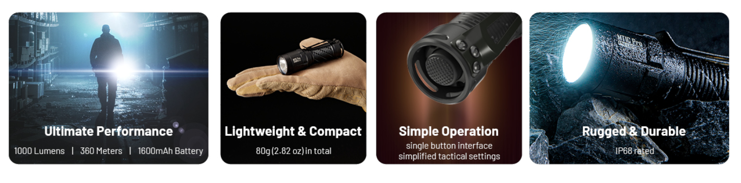 Nitecore MT1C Pro Taktinis žibintuvėlis, 1000 lm, iki 360 m, 1600 mAh, USB-C, IP68 aprašymas - Prekės nuotrauka