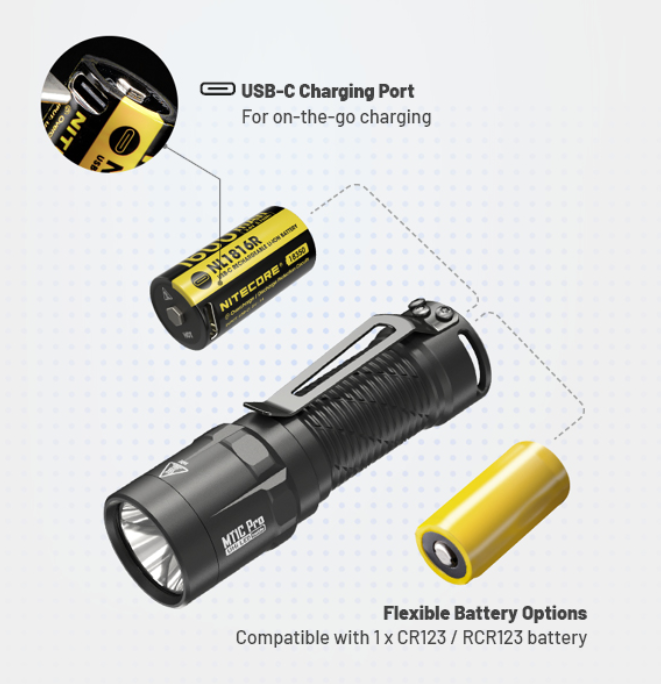 Nitecore MT1C Pro Taktinis žibintuvėlis, 1000 lm, iki 360 m, 1600 mAh, USB-C, IP68 aprašymas - Prekės nuotrauka