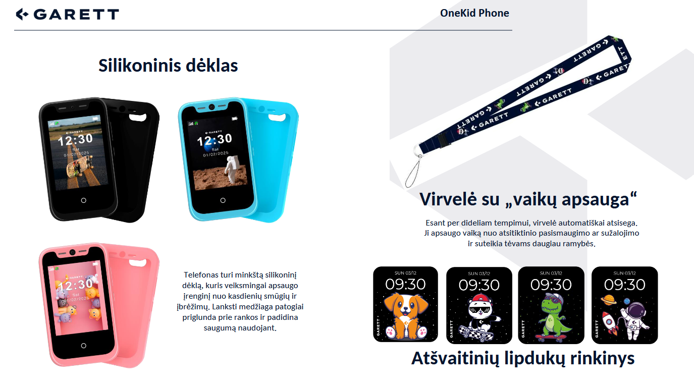 Garett OneKid Phone – saugus pirmasis išmanusis telefonas vaikams, mėlynos spalvos aprašymas - Prekės nuotrauka