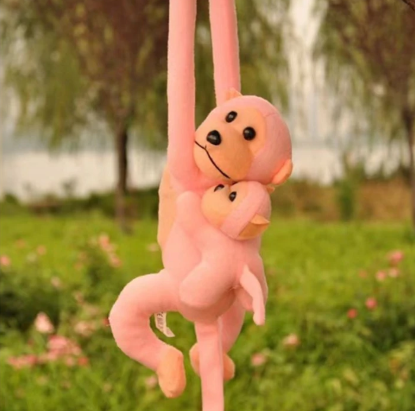 Lean Toys Pliušinis žaislas - rožinė beždžionė su mažyliu, 90 cm aprašymas - Prekės nuotrauka