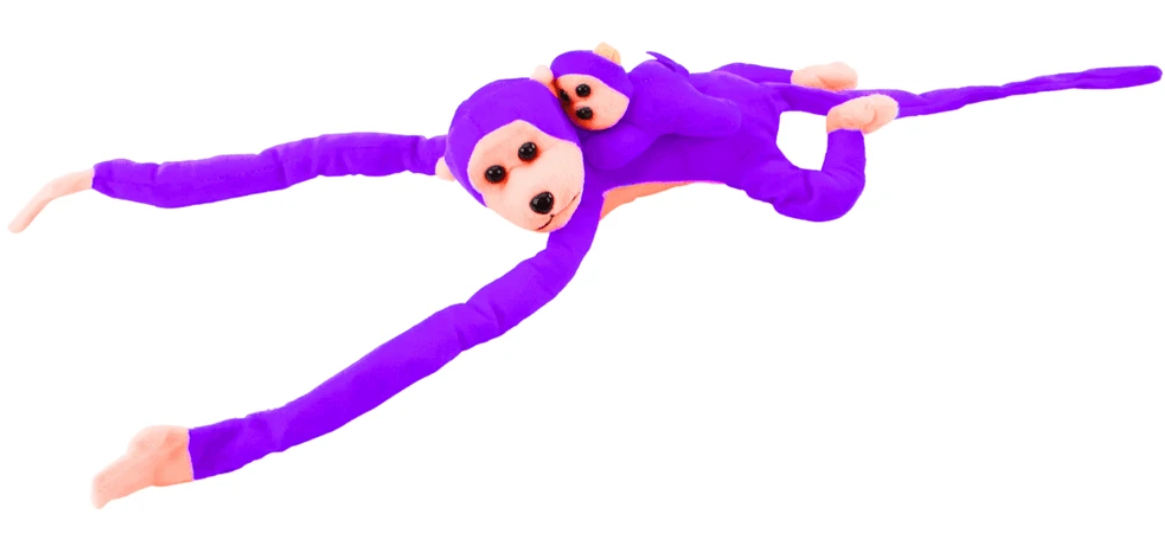 Lean Toys Pliušinis žaislas - violetinė beždžionė su mažyliu, 90 cm aprašymas - Prekės nuotrauka