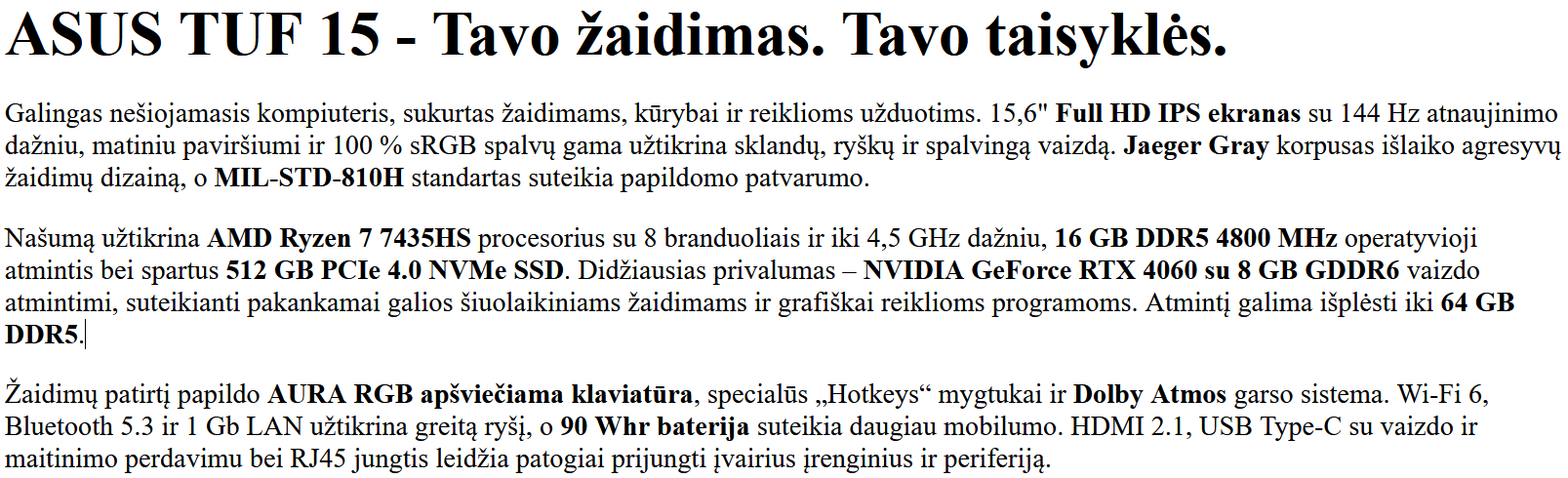 Nešiojamas kompiuteris ASUS TUF Gaming A15 FA507 - 15.6