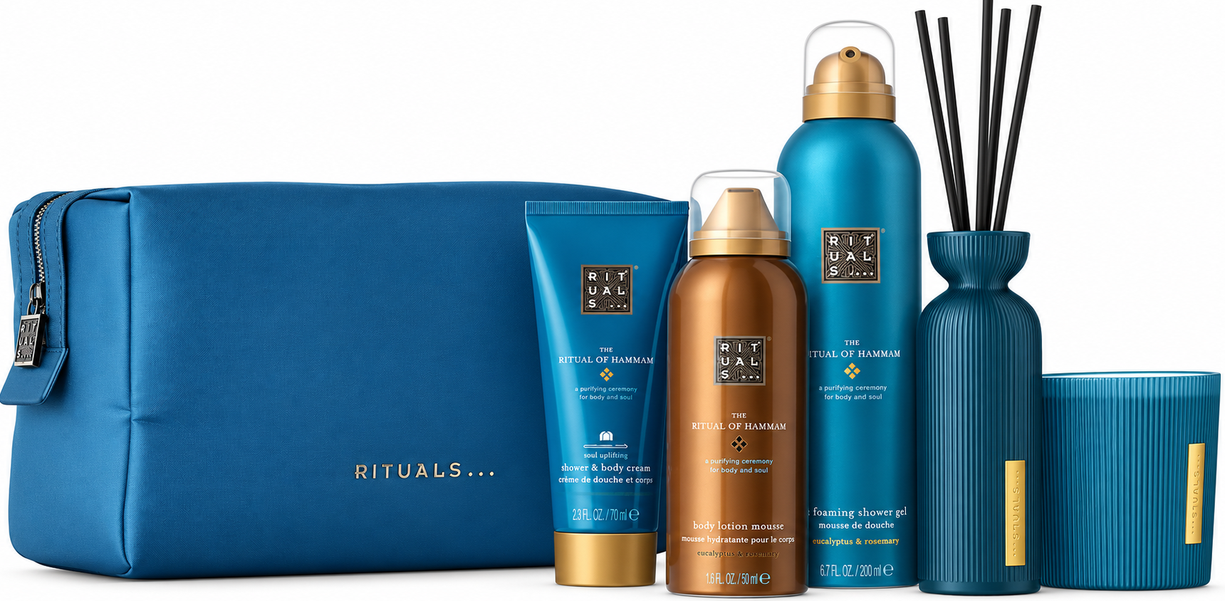 Kūno priežiūros ir namų kvapų rinkinys Rituals: The Ritual of Hammam (putojantis dušo gelis 200 ml + kūno kremas 150 ml + kūno losjonas 150 ml + kvapioji žvakė 140 g + kvapiosios lazdelės 70 ml + kosmetinė) aprašymas - Prekės nuotrauka