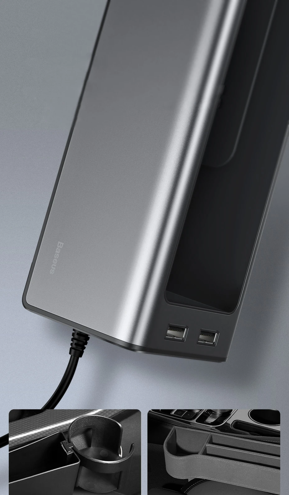 Metalinis porankio konsolės organaizeris Baseus Deluxe dual USB juodas CRCWH-A01 aprašymas - Prekės nuotrauka Metalinis porankio konsolės organaizeris Baseus Deluxe dual USB juodas CRCWH-A01 aprašymas - Prekės nuotrauka
