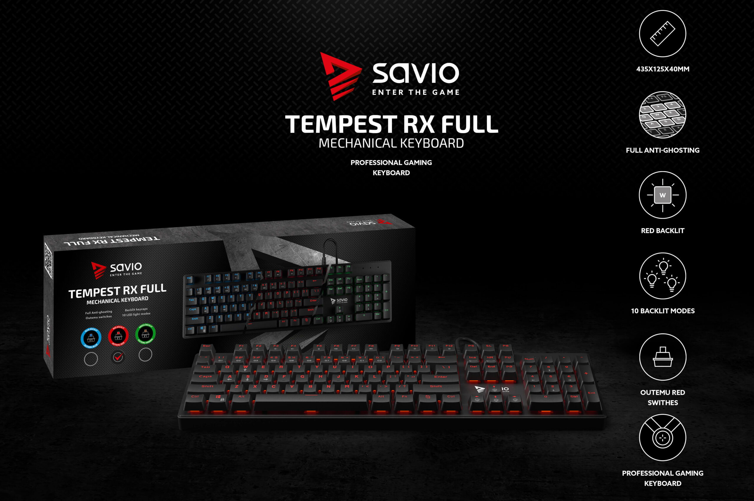 Mechaninė žaidimų klaviatūra Savio Tempest RX FULL Outemu RED, ENG išdėstymas aprašymas - Prekės nuotrauka