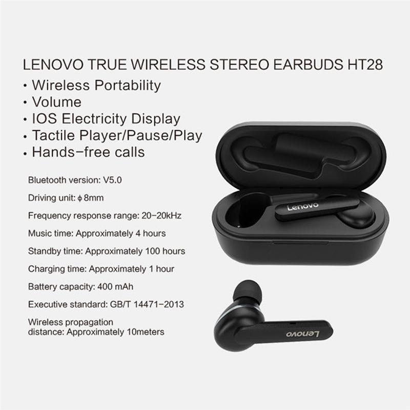 Lenovo True Belaidės Ausinės HT28, Juodos aprašymas - Prekės nuotrauka