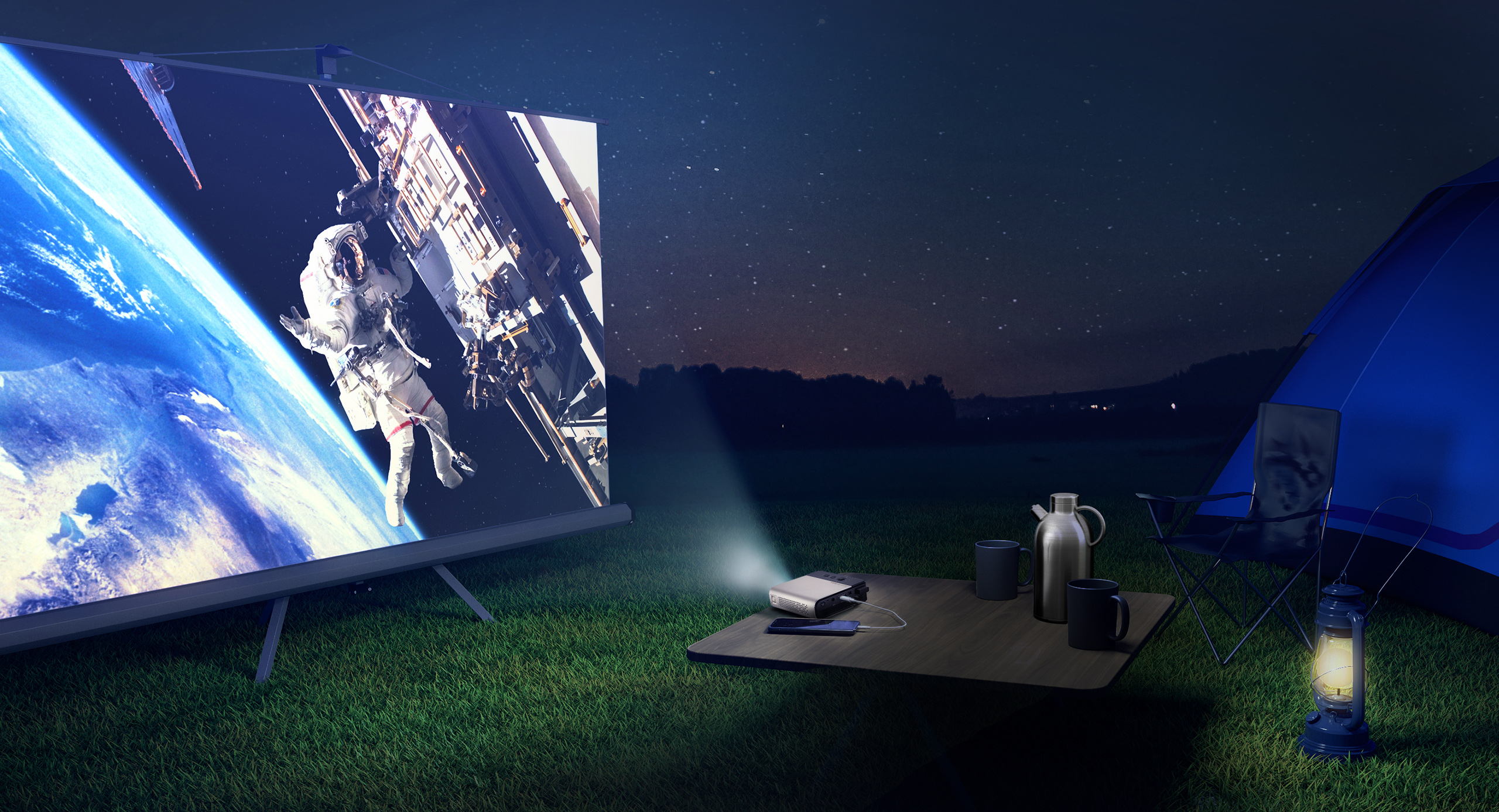 ASUS ZenBeam E2 mini LED projektorius, automatinio portreto režimas, 300 LED liumenų, WVGA (854 x 480), belaidė projekcija, lauko projektorius, įmontuota baterija, iki 4 valandų vaizdo atkūrimas, maitinimo blokas, USB Type-A, HDMI ®, 5 vatų garsiakalbis aprašymas - Prekės nuotrauka