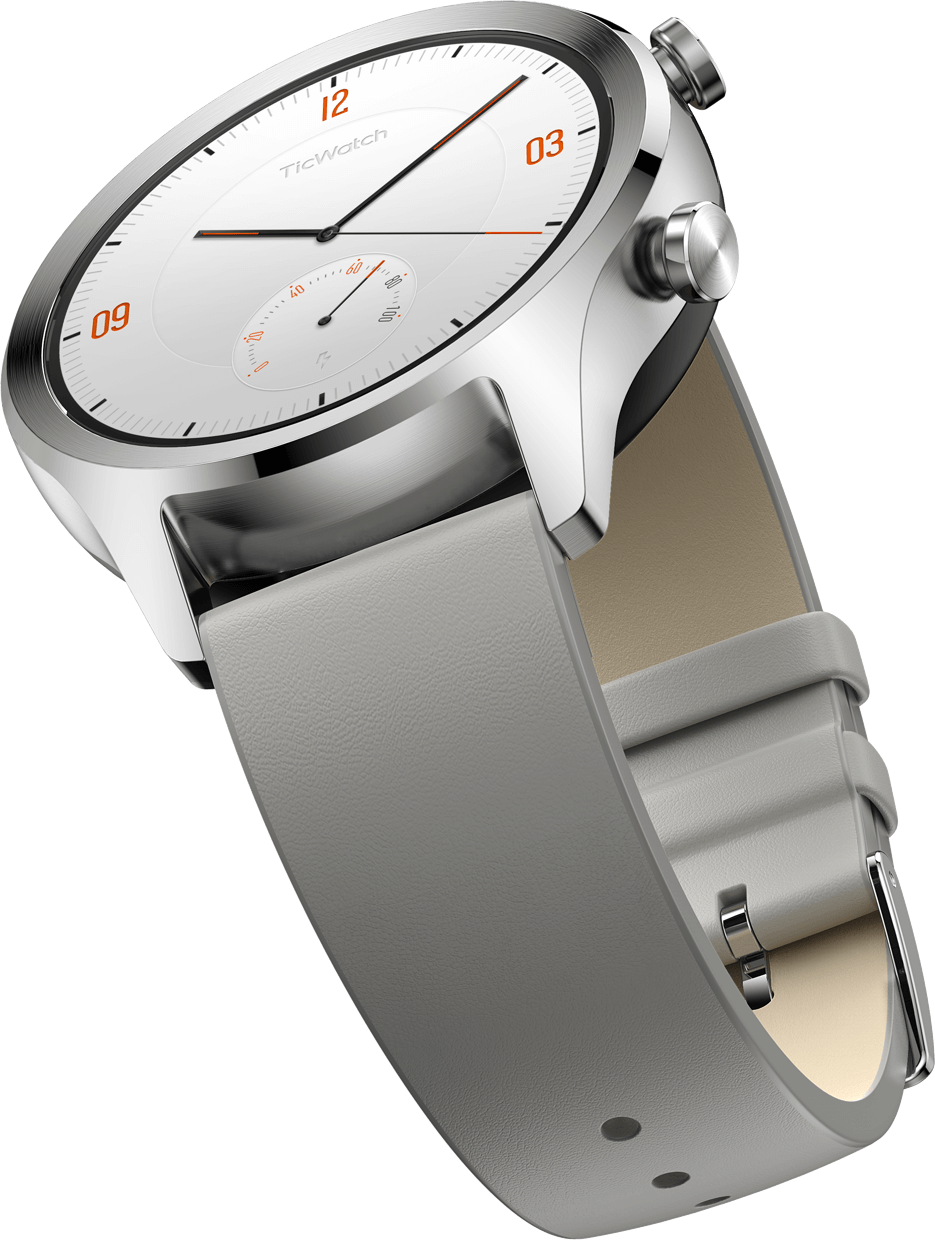 Išmanusis laikrodis Mobvoi TicWatch C2+, Platinos spalvos korpusas su šviesiai pilkos spalvos odiniu dirželiu aprašymas - Prekės nuotrauka