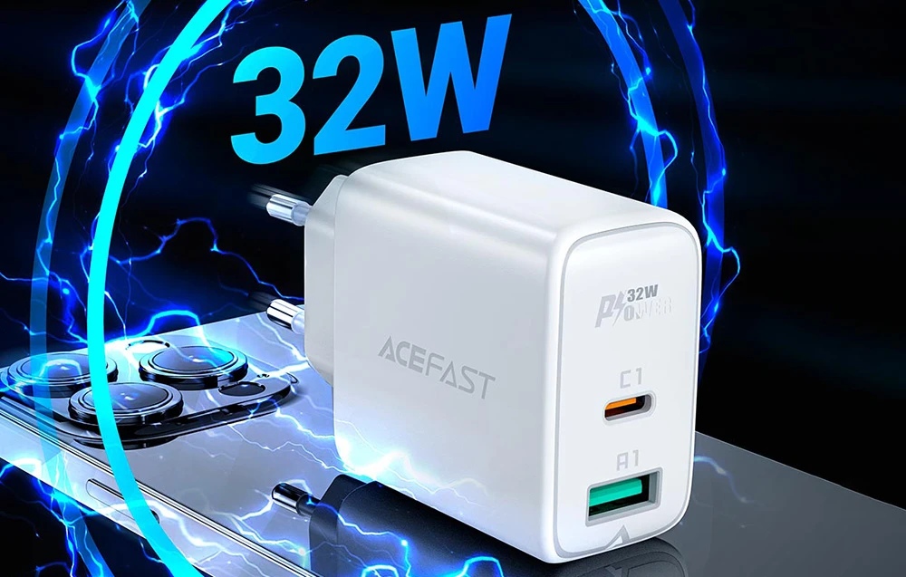 Sieninis įkroviklis Acefast A5 PD32W, USB + USB-C (balta) aprašymas - Prekės nuotrauka Sieninis įkroviklis Acefast A5 PD32W, USB + USB-C (balta) aprašymas - Prekės nuotrauka