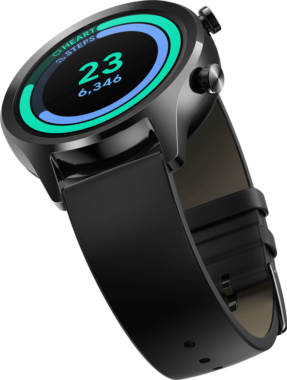 Išmanusis laikrodis Mobvoi TicWatch C2+, Juodos spalvos korpusas su juodos spalvos odiniu dirželiu aprašymas - Prekės nuotrauka