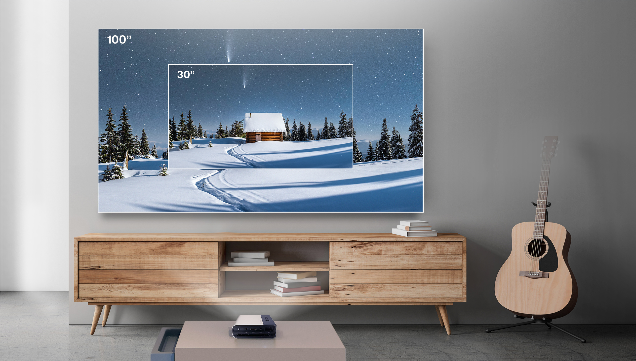 ASUS ZenBeam E2 mini LED projektorius, automatinio portreto režimas, 300 LED liumenų, WVGA (854 x 480), belaidė projekcija, lauko projektorius, įmontuota baterija, iki 4 valandų vaizdo atkūrimas, maitinimo blokas, USB Type-A, HDMI ®, 5 vatų garsiakalbis aprašymas - Prekės nuotrauka