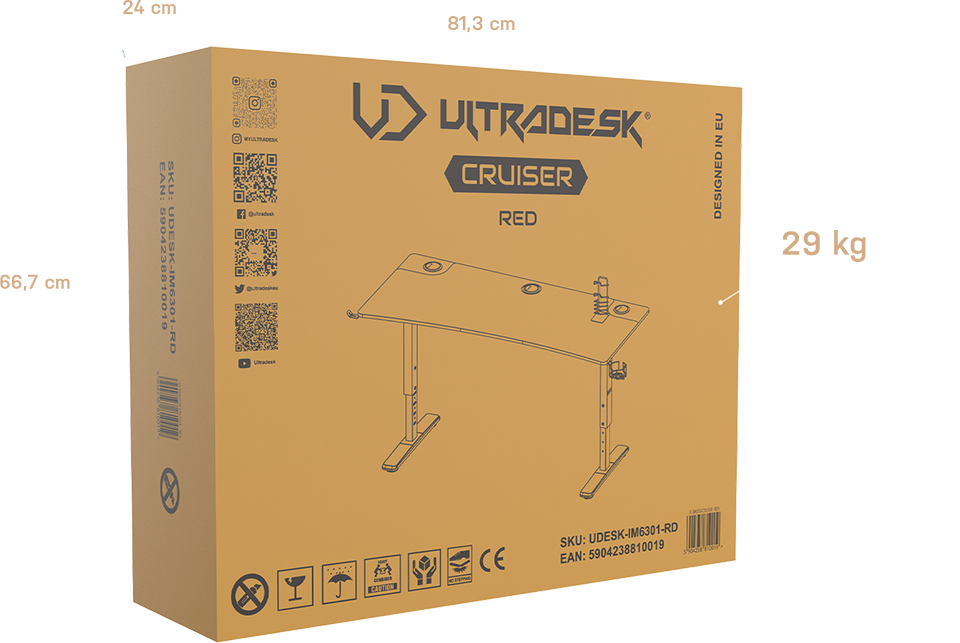 Žaidimų stalas Ultradesk Cruiser Gaming Desk, Reguliuojamo aukščio 660-812mm, Juodas su juodos spalvos kilimėliu aprašymas - Prekės nuotrauka