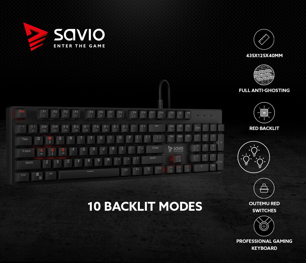 Mechaninė žaidimų klaviatūra Savio Tempest RX FULL Outemu RED, ENG išdėstymas aprašymas - Prekės nuotrauka