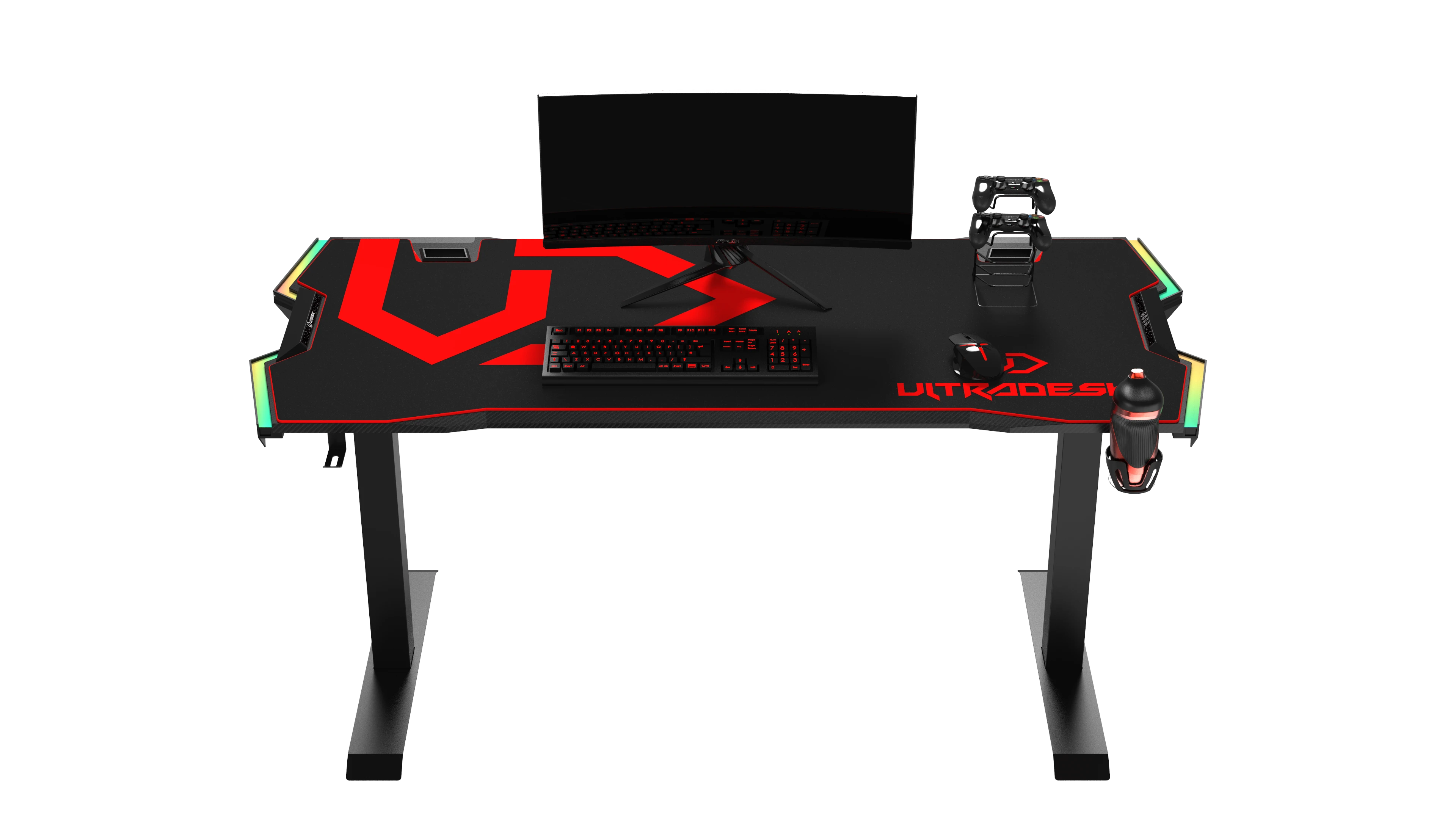 Žaidimų stalas Ultradesk Force Gaming Desk, LED RGB Prismatic, Baltas su juodu kilimėliu aprašymas - Prekės nuotrauka