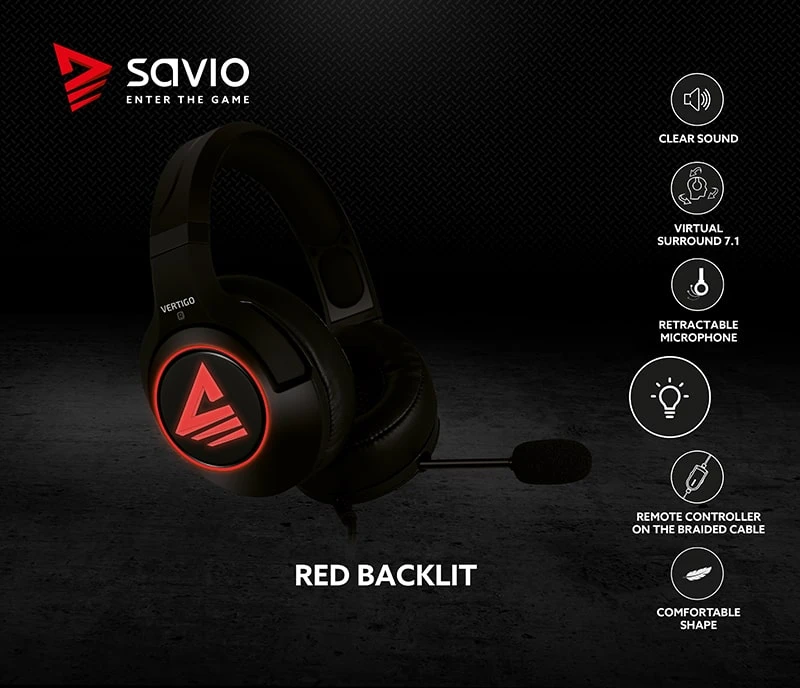 Žaidimų ausinės 7.1 virtual surround Savio VERTIGO su USB jungtimi aprašymas - Prekės nuotrauka