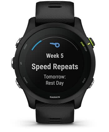 Išmanusis laikrodis Garmin Forerunner 255, Juodos spalvos apvadas su mėlynos spalvos silikoniniu dirželiu, 46mm aprašymas - Prekės nuotrauka