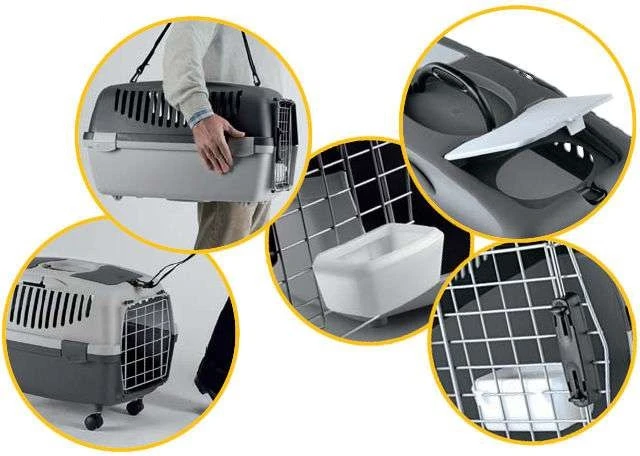 STEFANPLAST GULLIVER 2 DELUX transportavimo dėžė su dubenėliu, metalinėmis grotelėmis su užraktu juoda/pilka aprašymas - Prekės nuotrauka