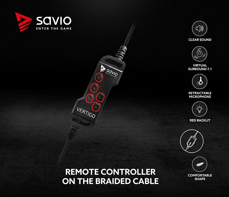 Žaidimų ausinės 7.1 virtual surround Savio VERTIGO su USB jungtimi aprašymas - Prekės nuotrauka