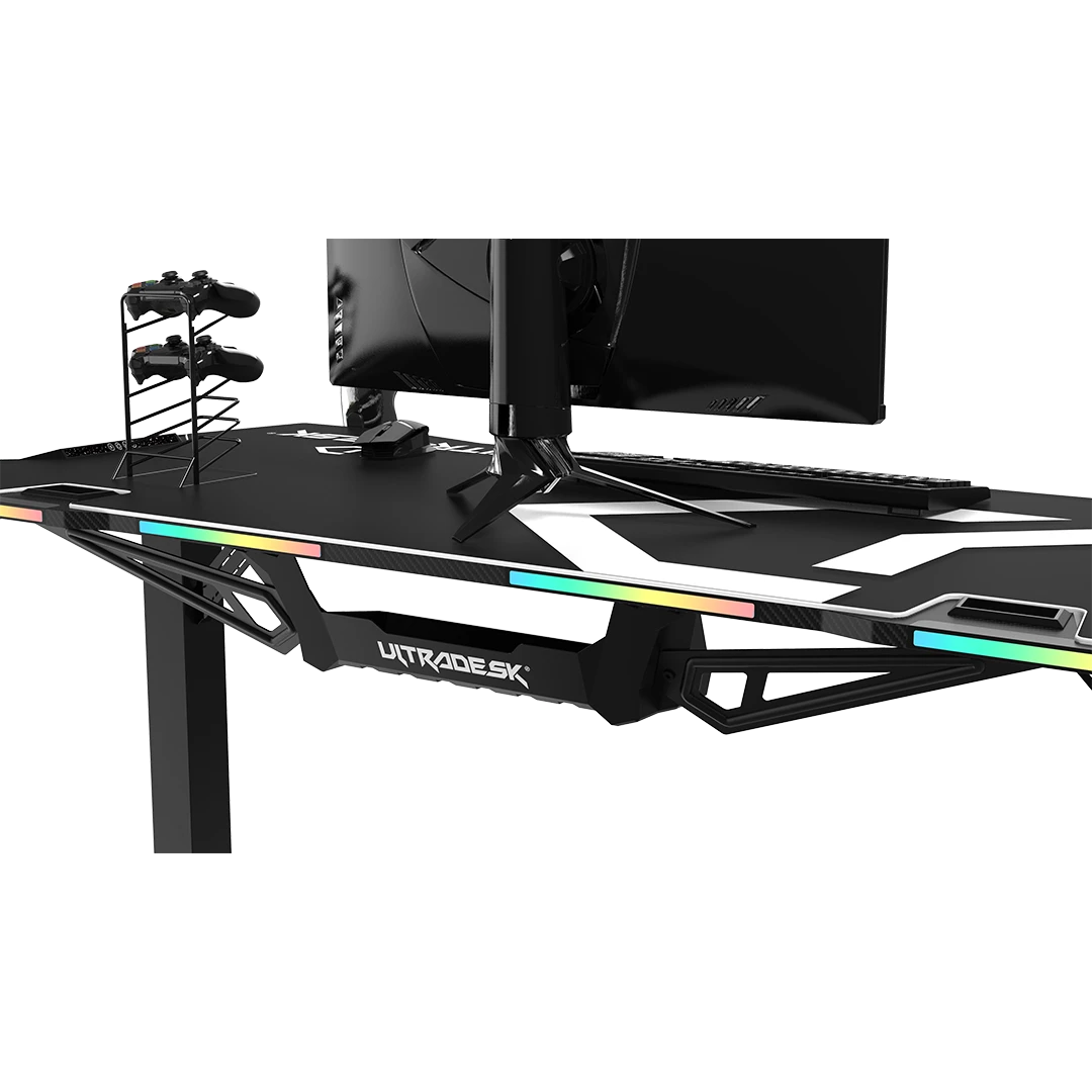 Žaidimų stalas Ultradesk Force Gaming Desk, LED RGB Prismatic, Baltas su juodu kilimėliu aprašymas - Prekės nuotrauka