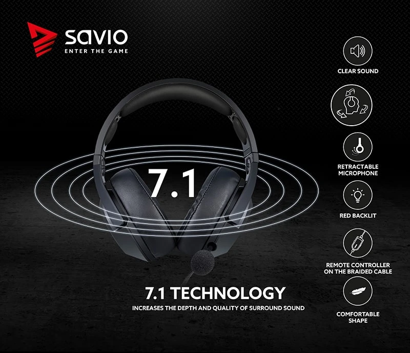 Žaidimų ausinės 7.1 virtual surround Savio VERTIGO su USB jungtimi aprašymas - Prekės nuotrauka