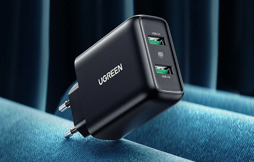Greitas įkroviklis UGREEN, 2xUSB-A, 18W, PD 3.0 EU (juodas) aprašymas - Prekės nuotrauka Greitas įkroviklis UGREEN, 2xUSB-A, 18W, PD 3.0 EU (juodas) aprašymas - Prekės nuotrauka