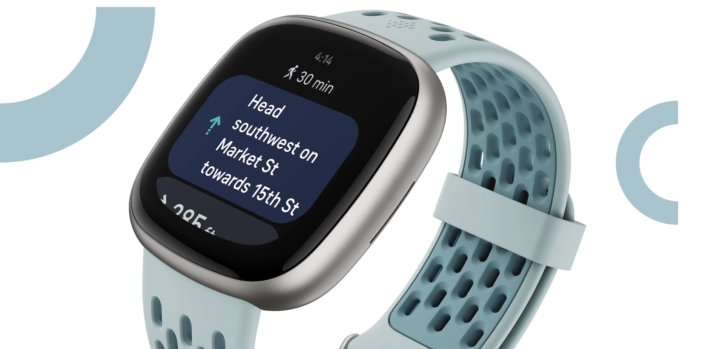 Išmanusis laikrodis Fitbit Versa 4, Platinos spalvos korpusas su melsvos spalvos silikoniniu dirželiu aprašymas - Prekės nuotrauka