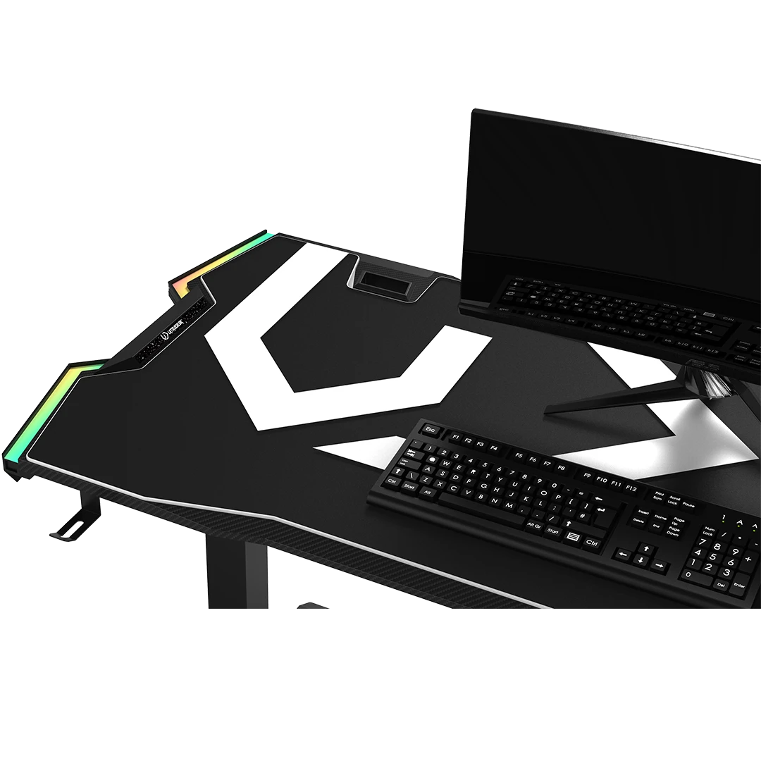 Žaidimų stalas Ultradesk Force Gaming Desk, LED RGB Prismatic, Baltas su juodu kilimėliu aprašymas - Prekės nuotrauka