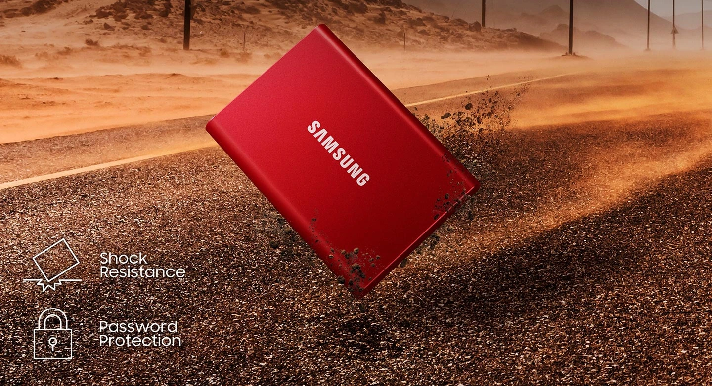 Išorinis kietasis diskas SSD|SAMSUNG|T7|1TB|USB 3.2|Rašymo greitis 1000 MBytes/sec|Skaitymo greitis 1050 MBytes/sec|MU-PC1T0T/WW aprašymas - Prekės nuotrauka