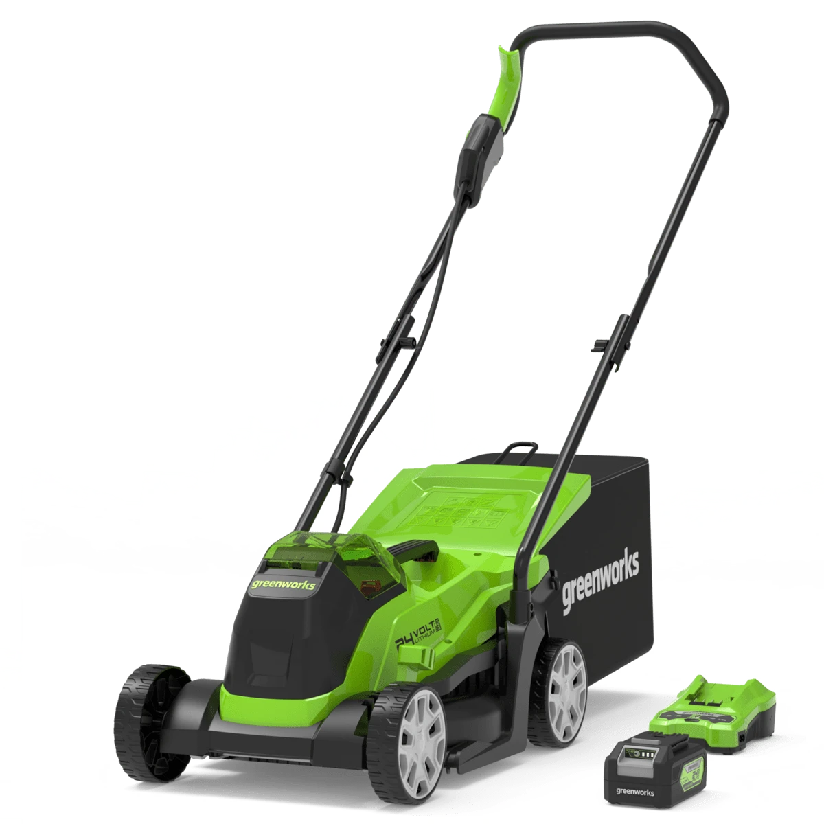 Greenworks gd24lm33K4 24V 33cm vejapjovė (su 4Ah akumuliatoriumi ir krovikliu) aprašymas - Prekės nuotrauka