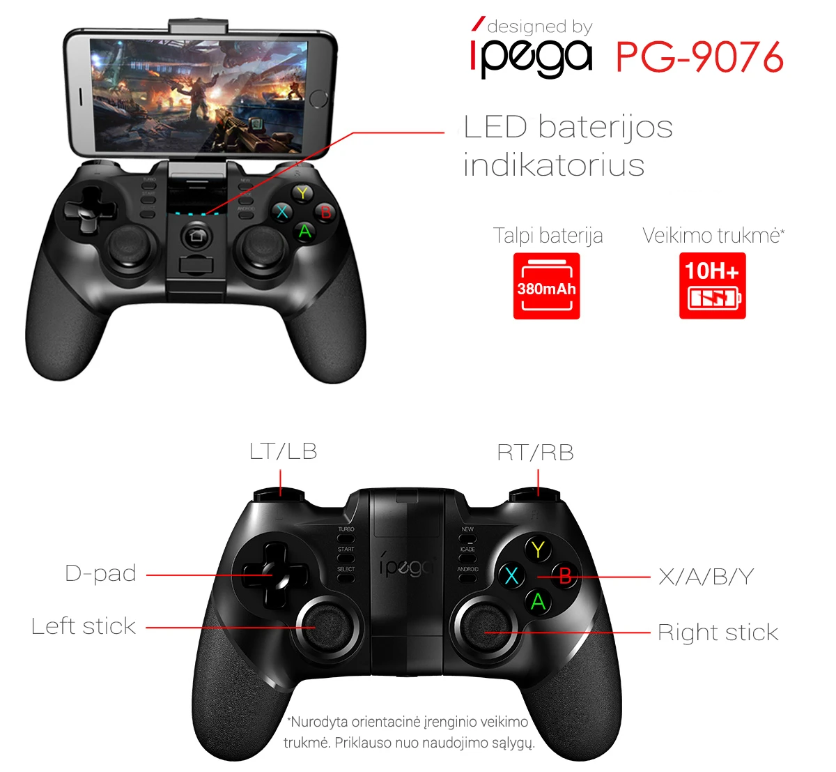 Ipega PG-9076 žaidimų valdymo pultas skirtas žaisti Android ir Windows 7/8/10 žaidimus aprašymas - Prekės nuotrauka