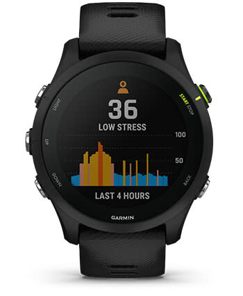 Išmanusis laikrodis Garmin Forerunner 255, Juodos spalvos apvadas su mėlynos spalvos silikoniniu dirželiu, 46mm aprašymas - Prekės nuotrauka