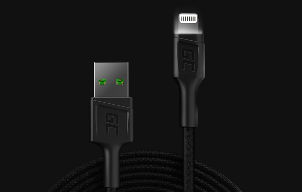Žalias Cell Cable Žalias Cell Ray USB-A - Lightning Baltas LED 200cm su Apple 2.4A greito įkrovimo palaikymu aprašymas - Prekės nuotrauka