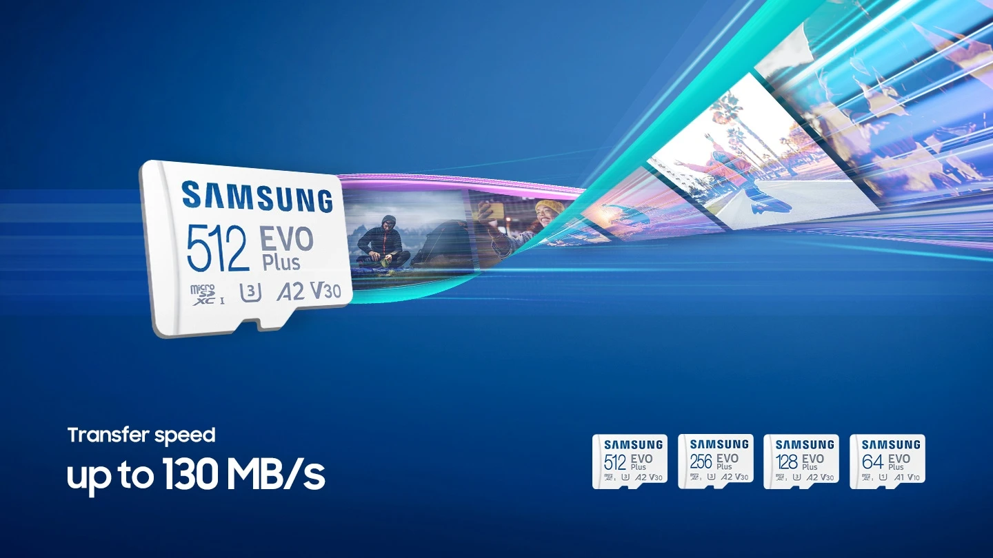 Atminties kortelė Samsung EVO Plus microSD 128 GB, Baltos spalvos aprašymas - Prekės nuotrauka