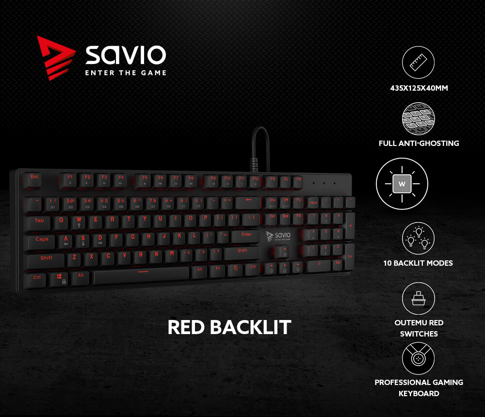 Mechaninė žaidimų klaviatūra Savio Tempest RX FULL Outemu RED, ENG išdėstymas aprašymas - Prekės nuotrauka