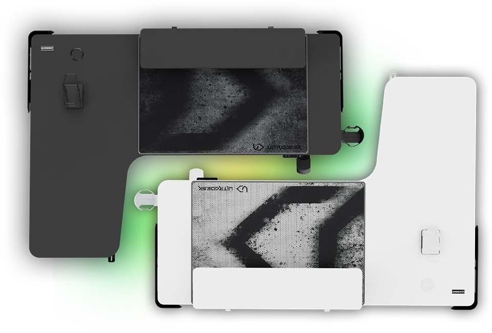 Reguliuojamo aukščio kampinis žaidimų stalas Ultradesk Winger LED RGB, Baltos spalvos aprašymas - Prekės nuotrauka