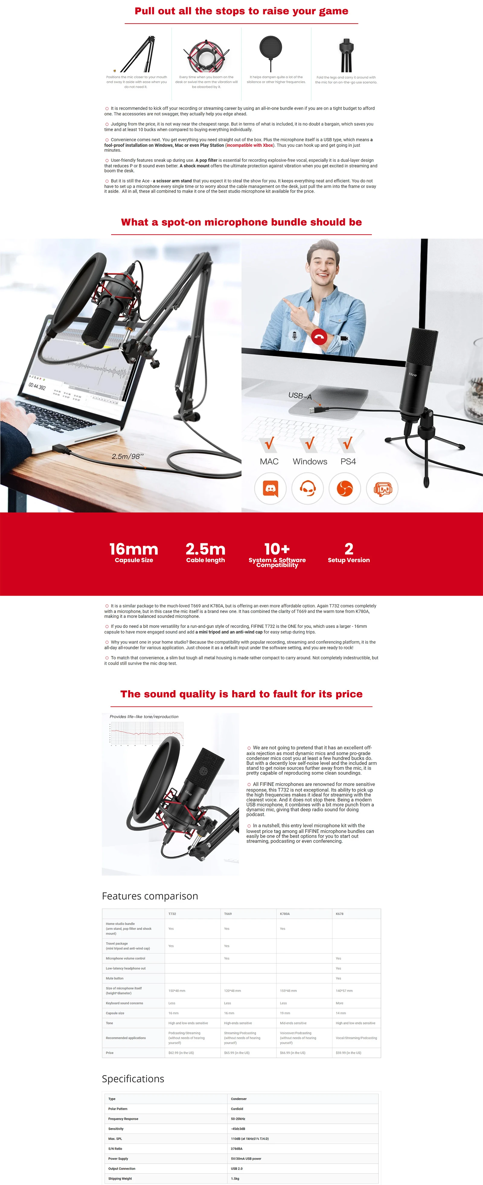 FIFINE T732 juodas kondensatorinis mikrofonas su laidu + laikiklis | USB aprašymas - Prekės nuotrauka