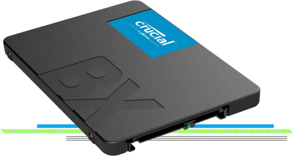 Crucial BX500 2000 GB SSD sąsaja SATA Rašymo greitis 500 MB/s Skaitymo greitis 540 MB/s aprašymas - Prekės nuotrauka