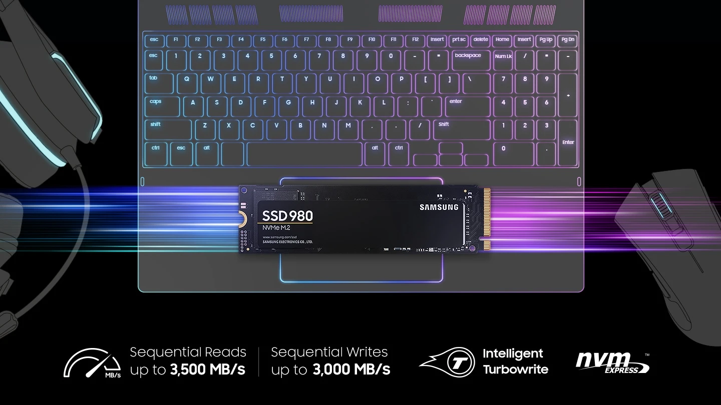 Kietasis diskas Samsung V-NAND SSD 980 500 GB, SSD form factor M.2 2280, SSD sąsaja M.2 NVME, Rašymo greitis 3000 MB/s, Skaitymo greitis 3500 MB/s aprašymas - Prekės nuotrauka