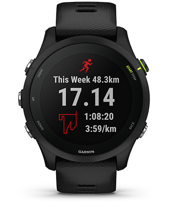 Išmanusis laikrodis Garmin Forerunner 255, Juodos spalvos apvadas su mėlynos spalvos silikoniniu dirželiu, 46mm aprašymas - Prekės nuotrauka
