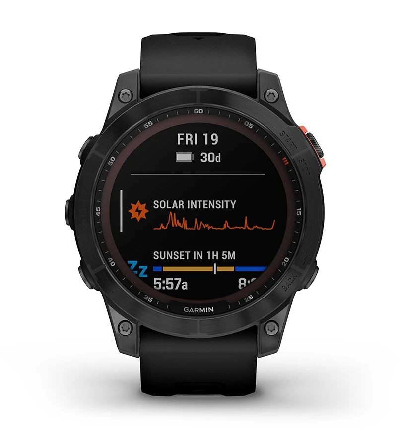 Išmanusis laikrodis Garmin fenix 7 Solar, Pilkos skalūno spalvos, su juodos spalvos silikoniniu dirželiu (Ekspozicinė prekė) aprašymas - Prekės nuotrauka