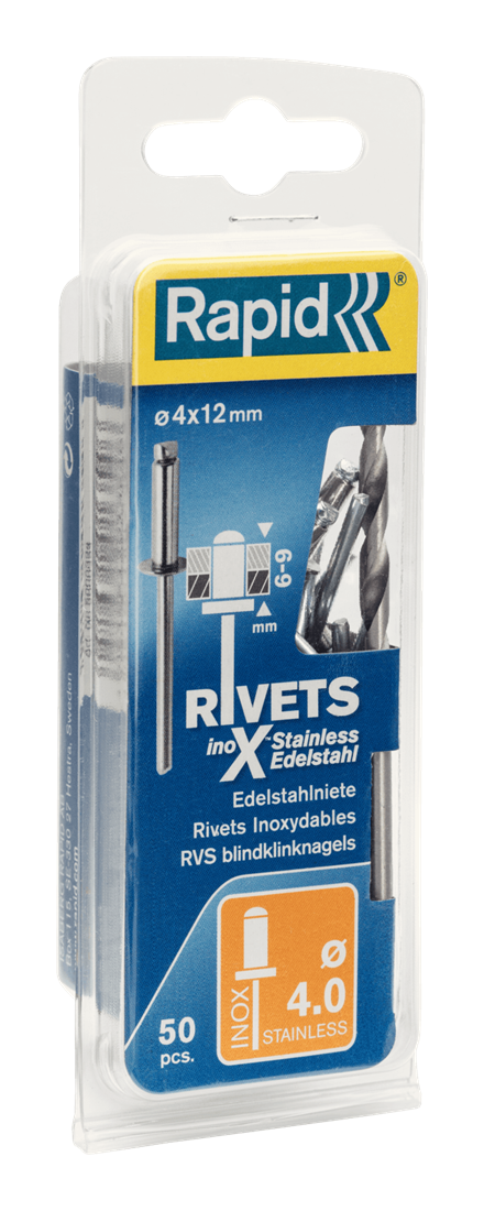 Rapid Nerūdijančio plieno kniedės 4x12mm 50 vnt. + grąžtas aprašymas - Prekės nuotrauka